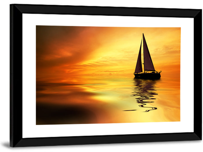 Golden Hour Sailboat Silhouette Wall Art as a framed print