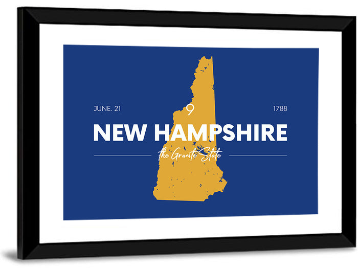 New Hampshire State Map, Blue and Gold Wall Art as a framed print