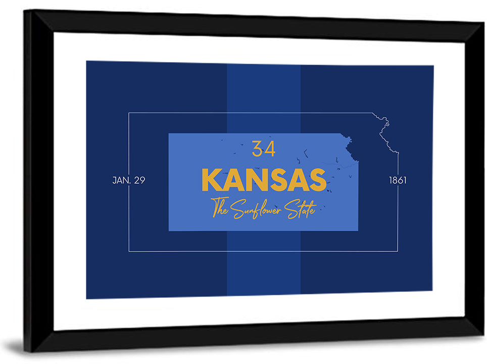 Kansas Typographic Map, Blue and Gold Wall Art