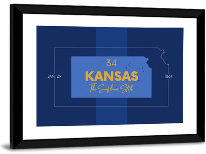 Kansas Typographic Map, Blue and Gold Wall Art
