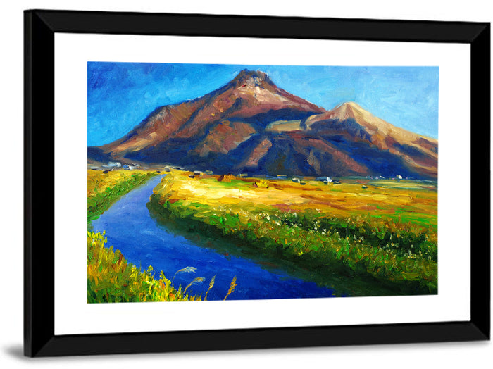 Mountain Village Stream at Golden Hour Wall Art as a framed print