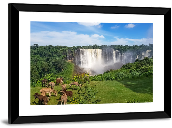 Kalandula Falls and Grazing Donkeys Wall Art as a framed print