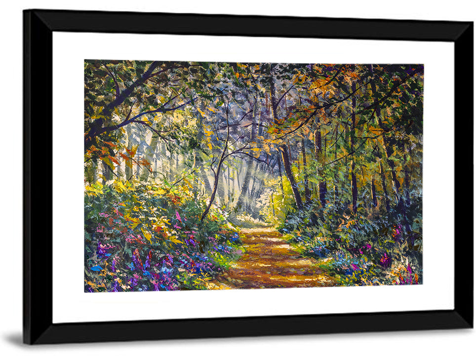 Sunlit Forest Path with Wildflowers Wall Art
