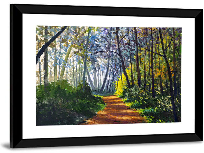 Sunlit Forest Alley Path Wall Art as a framed print