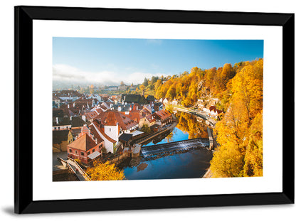 Český Krumlov River Weir in Autumn Wall Art