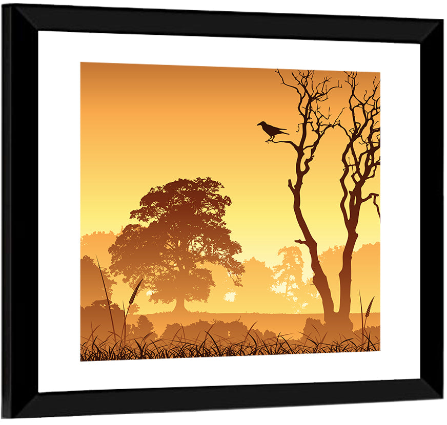 Golden Mist Tree Silhouettes with Crow Wall Art