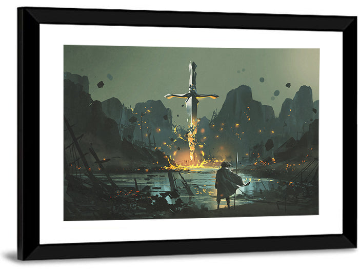 Melting Sword with Cloaked Traveler Wall Art as a framed print