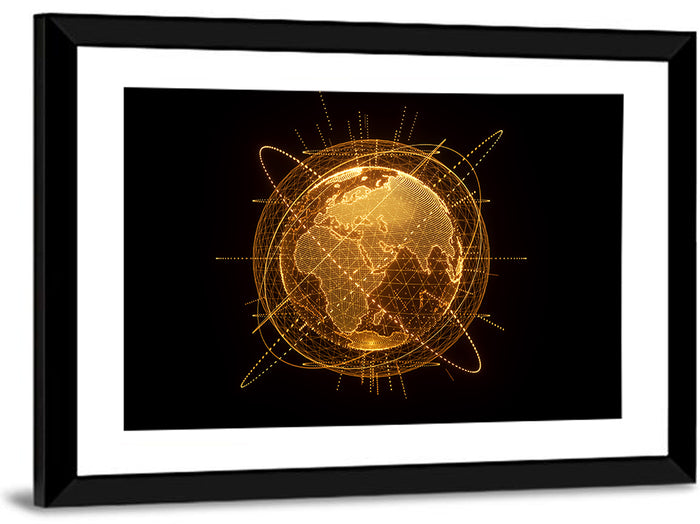 Golden Hologram Globe Wall Art as a framed print