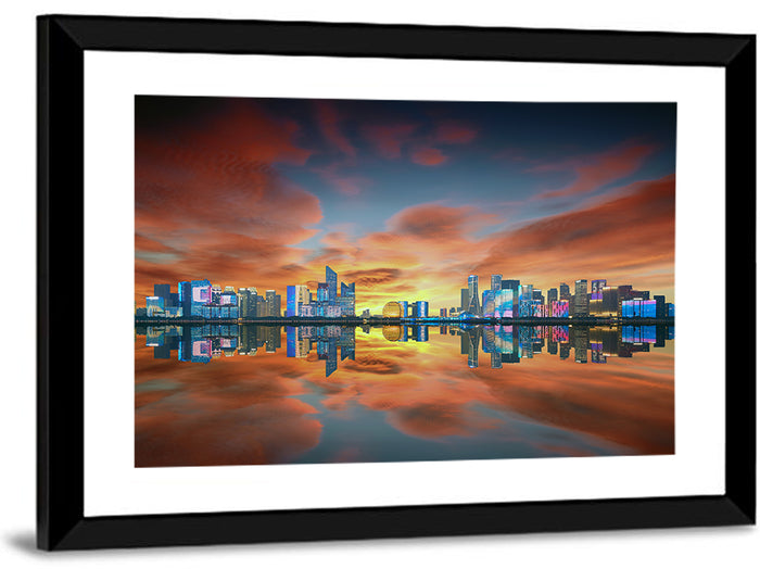 Hangzhou Golden Sphere Skyline at Dusk Wall Art as a framed print