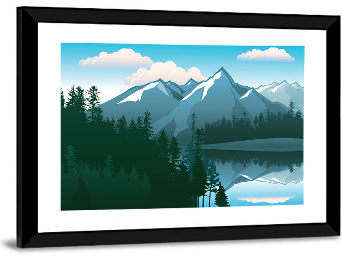 Tranquil Mountain Lake Illustration Wall Art as a framed print