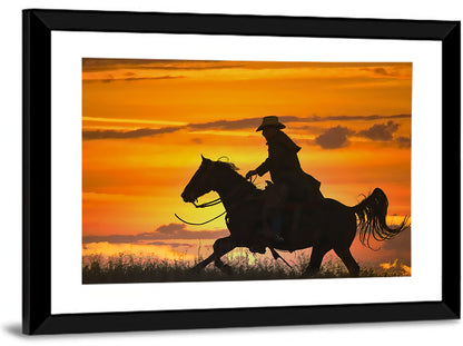 Cowboy and Horse at Sunset Wall Art