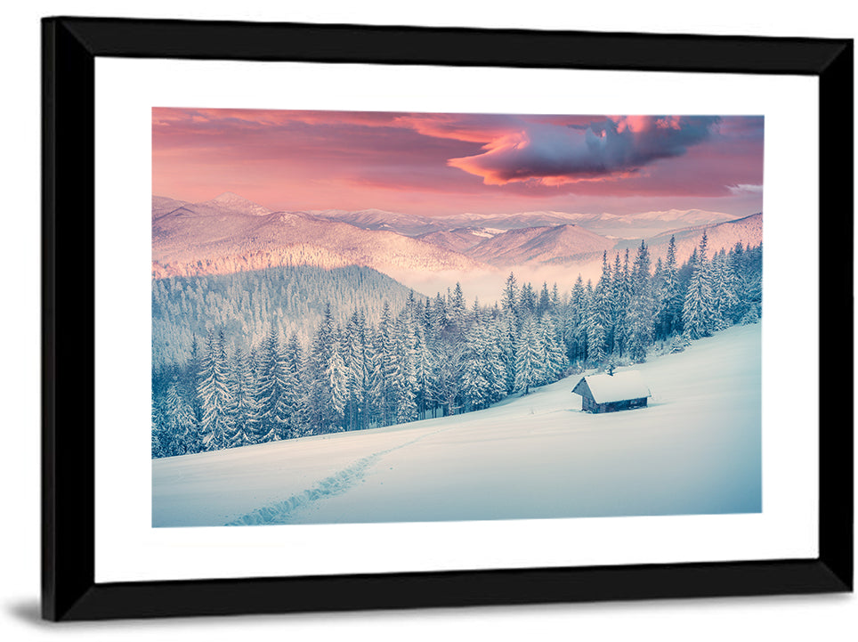 Cabin at Winter Sunrise Wall Art
