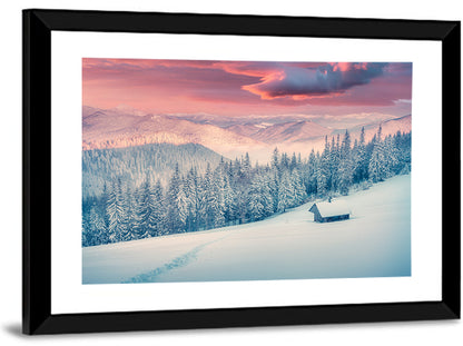 Cabin at Winter Sunrise Wall Art
