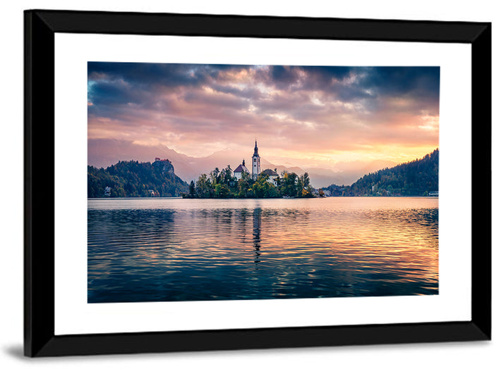 Golden Hour at Bled Island Wall Art as a framed print