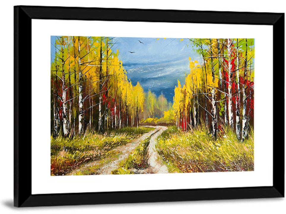Autumn Birch Path with Two Birds Wall Art