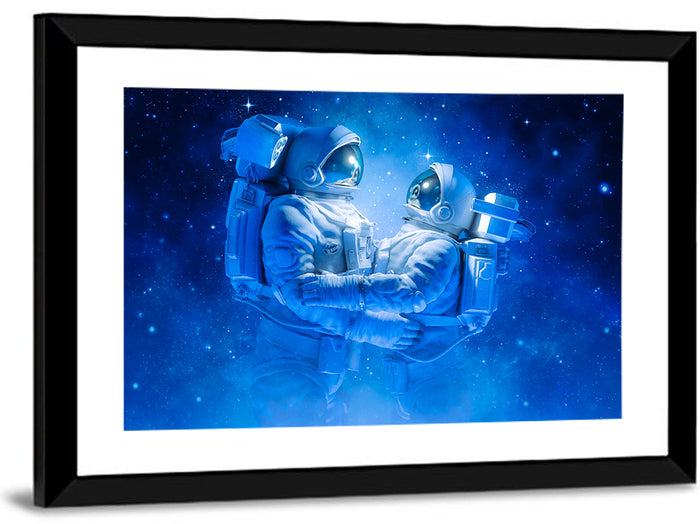 Astronaut Couple in Space Wall Art as a framed print
