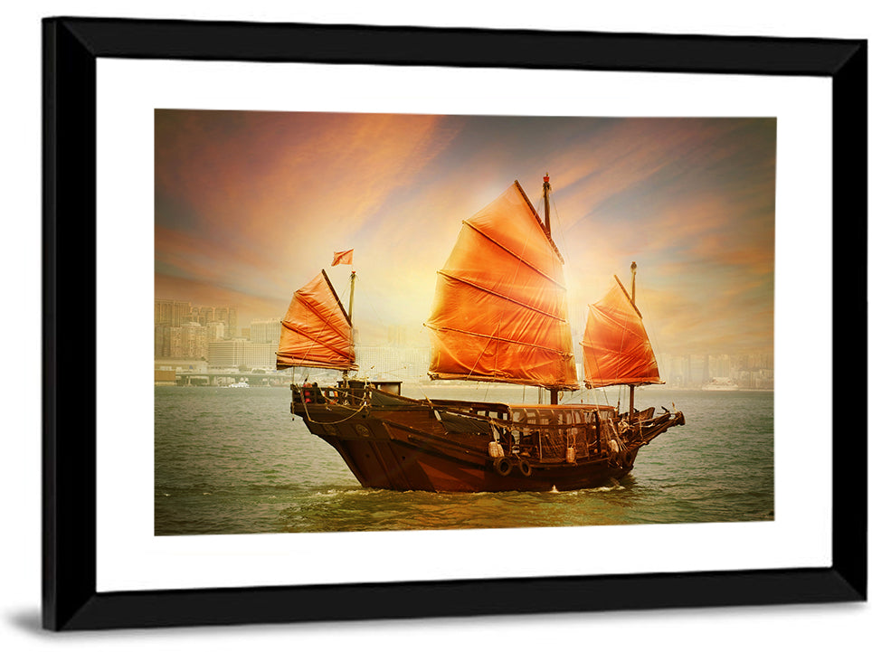 Red Sailed Junk at Victoria Harbour Wall Art