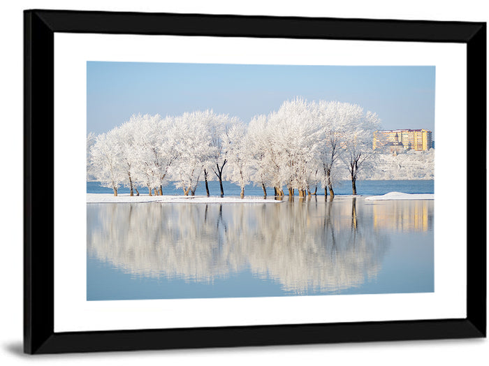 Winter Lake Reflection Wall Art as a framed print