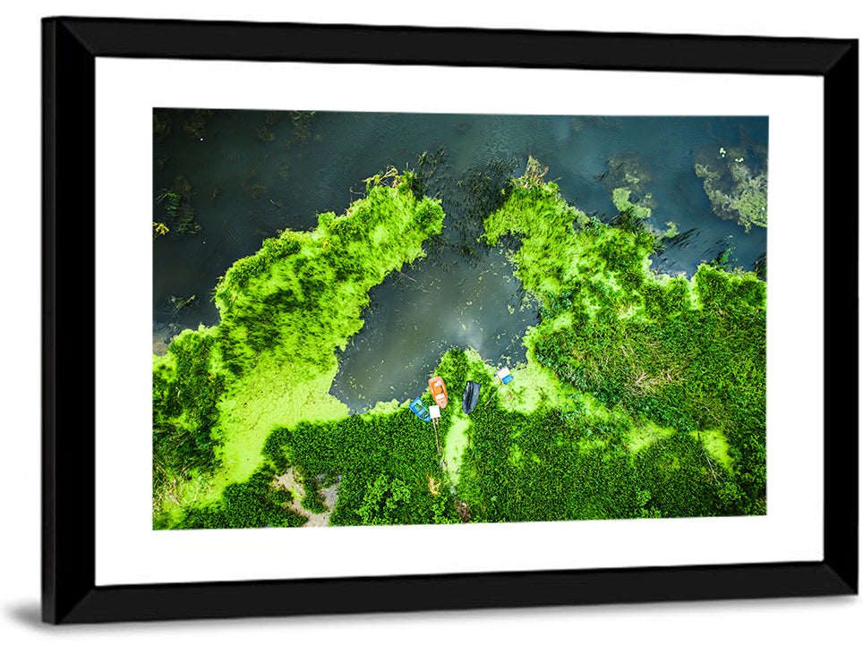Green Algae Lake with Boats Wall Art