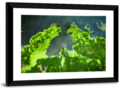 Green Algae Lake with Boats Wall Art