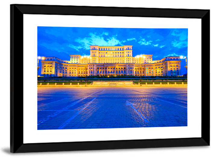 Palace of the Parliament at Twilight Wall Art as a framed print