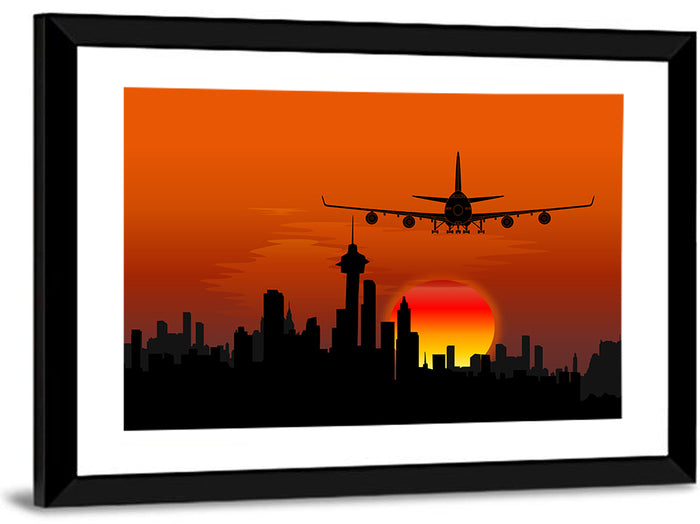 Approaching Jet Over Sunset Skyline Wall Art as a framed print
