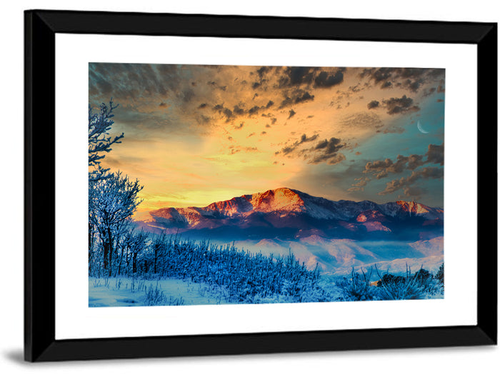Pikes Peak Golden Sunset Wall Art as a framed print