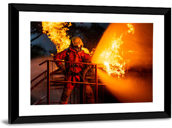 Firefighter Hose and Flame Wall Art as a framed print