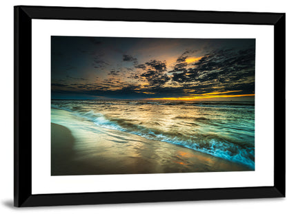 Shoreline Sunset with Boat Silhouette Wall Art