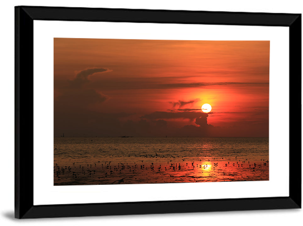 Red Sunrise with Birds Wall Art