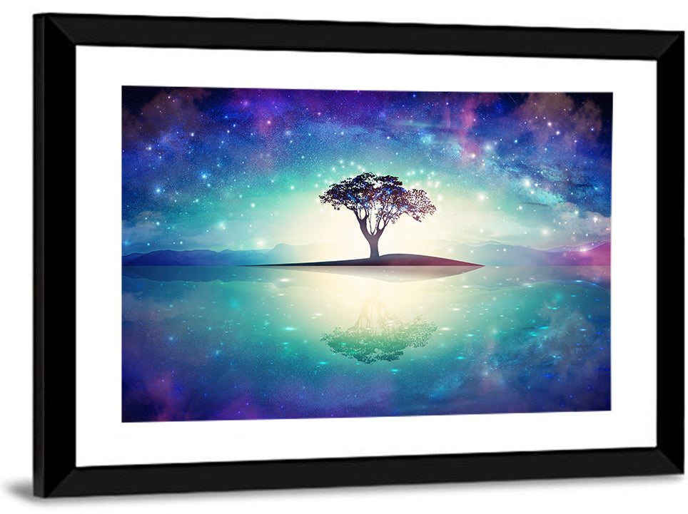 Glowing Island Tree Under Starry Nebula Wall Art