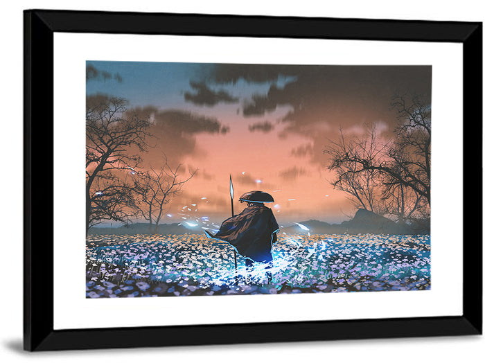 Straw Hat Samurai at Dusk Wall Art as a framed print