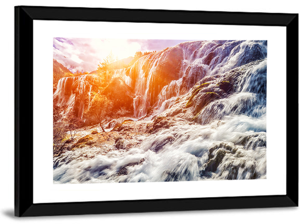 Sunlit Mountain Waterfall Closeup Wall Art