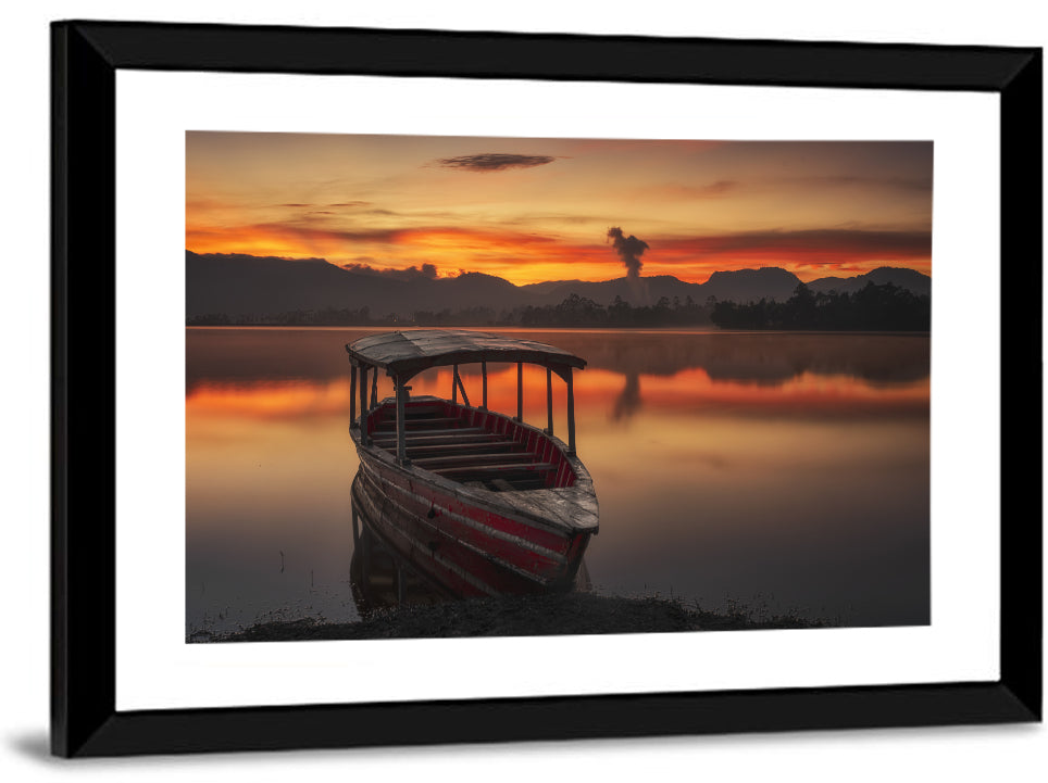 Sunset Fishing Boat on Calm Lake Wall Art