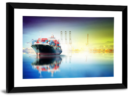 Harbor Cargo Ship with Reflection Wall Art