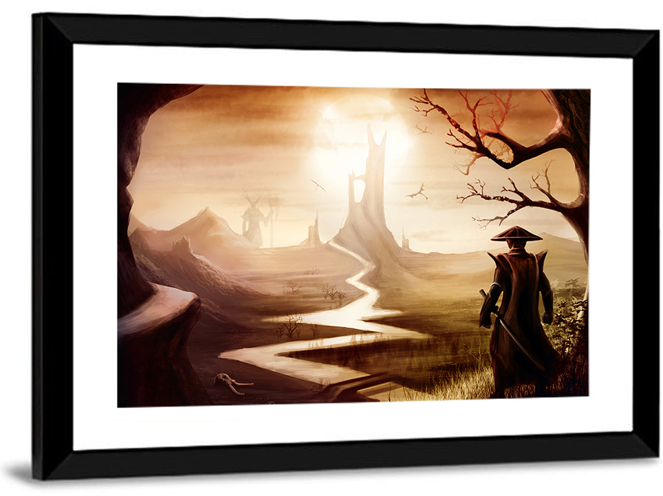 Silhouetted Samurai at Distant Tower Wall Art