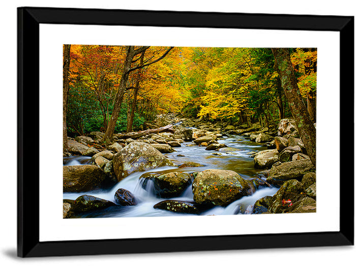 Autumn Stream Through Forest Wall Art as a framed print