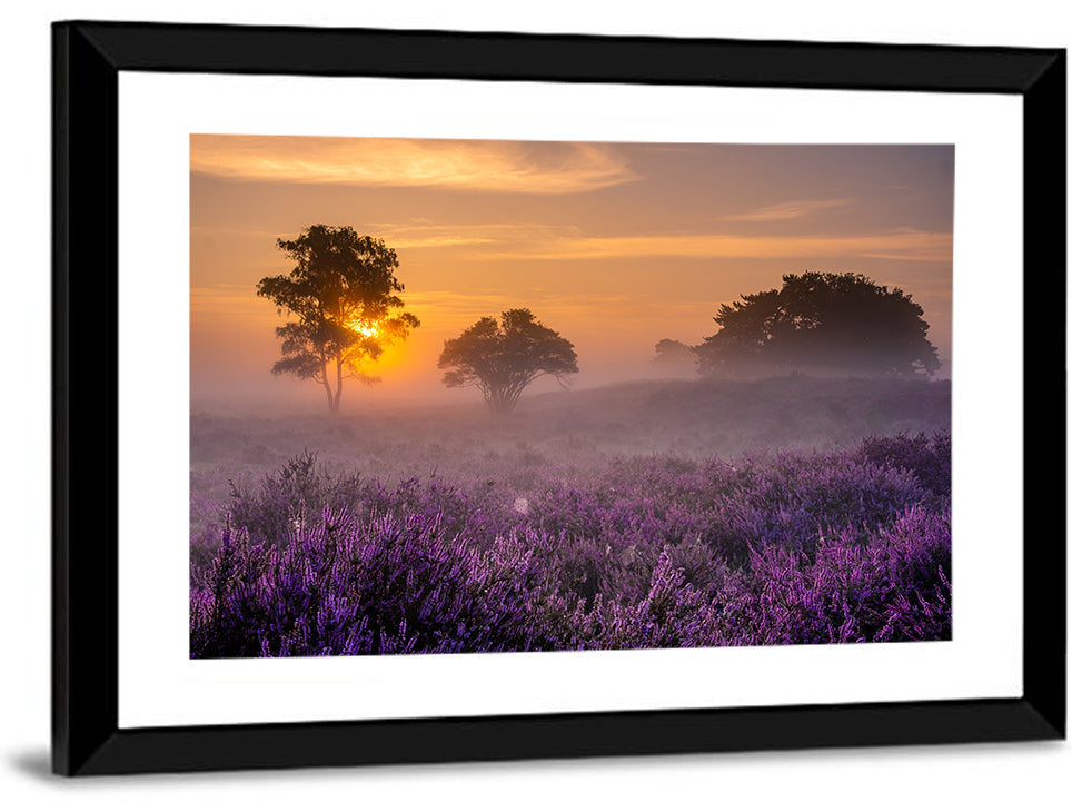 Misty Heather Field at Dawn Wall Art