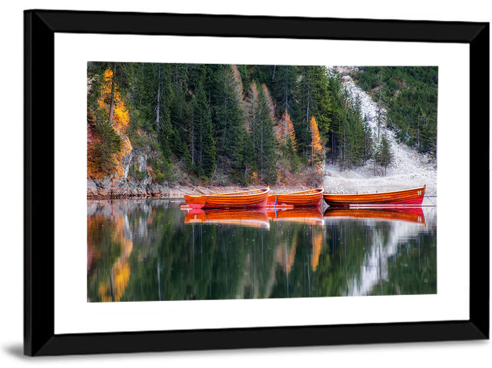 Autumn Rowboats on Mountain Lake Wall Art