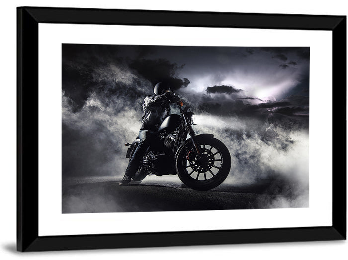 Motorcyclist in Fog at Night Wall Art as a framed print