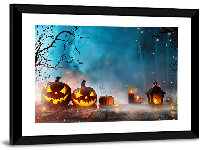 Foggy Halloween Pumpkins Wall Art as a framed print