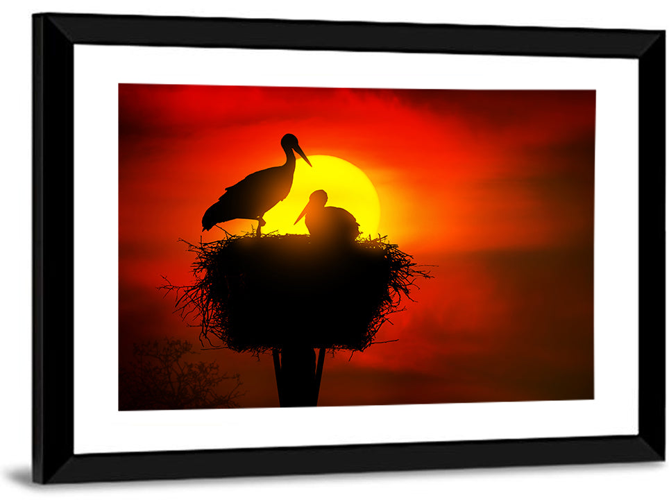 Storks in Nest at Sunset Wall Art