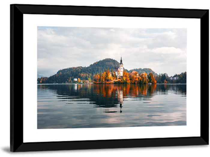 Lake Bled Island Reflection Wall Art as a framed print