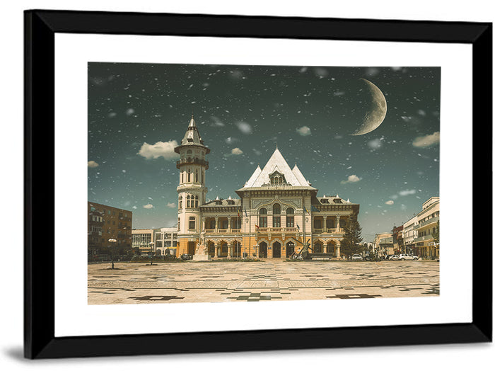 Buzău City Hall Nightscape Wall Art as a framed print