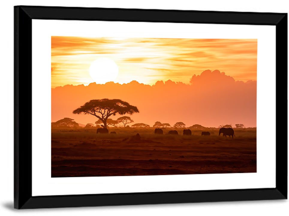 African Elephant Herd at Sunset Wall Art
