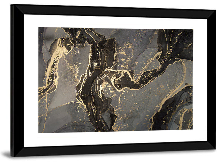 Black and Gold Marbled Abstract Wall Art as a framed print