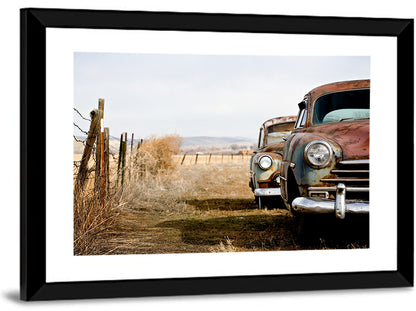 Abandoned Rusty Vintage Cars Behind Barbed Wire Wall Art