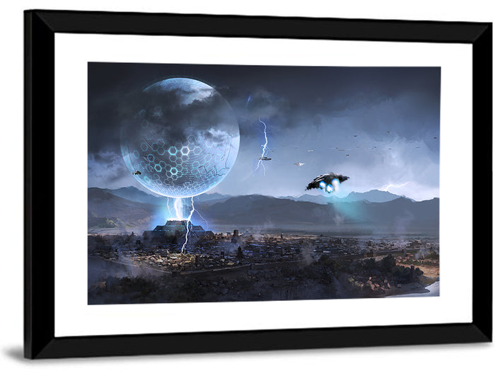 Alien Planet Cityscape with Spaceships Wall Art as a framed print