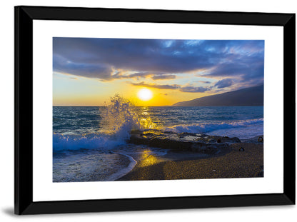Crashing Wave at Golden Sunset Wall Art