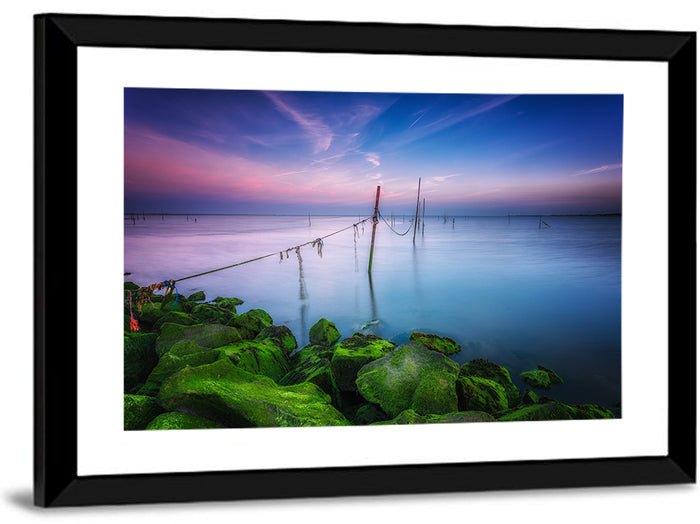 Mossy Coastal Rocks at Dusk Wall Art as a framed print